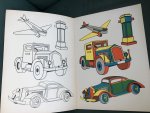  - Transport Drawings. Yellow colouring book where a girl is colouring a chicken and a boy an elephant
