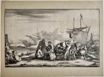Anthony van Zijlvelt (1637/43- ca. 1700), after Johannes Lingelbach (1622-1674) - Antique print, etching | Mariners on the waterfront and men loading a donkey in harbour of Genua, published ca. 1680, 1 p.