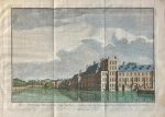 Jan Caspar Philips (1680/1700-1775), after Cornelis Pronk (1691-1759). - [Antique print, handcolored engraving, The Hague] Het Hof van Holland van buiten, te zien van de Gevangen-Poort na den korten Vyverberg, published 1745.