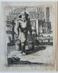 Scheyndel, Gillis van (I) (1594/96-ante 1660) - [Antique print, etching] Man with yoke carrying two pails before a wooden bridge [Set title: Genre scenes]/Man met juk en twee emmers links en rechts.