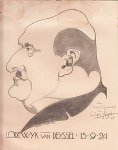 (DEYSSEL, Lodewijk van). MEYER, Wybo - 'Lodewyk van Deyssel 15-9-24'. Originele potloodtekening. 27,5 x 23,0 cm. Gesigneerd 'Wybo Meyer Fec.', met handgeschreven opdracht 'Voor/ Dick Binnendijk/ van/ Wybo Meyer' en gedateerd '12-10-'24'. Vochtvlekken langs de randen.