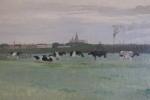 A.J. Grootens - Stadsgezicht blik op Haarlem, schilderij, geschilderd vanaf een duin in Bloemendaal of Overveen, met zicht op de BAVO.