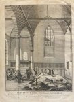 Koning, Theodoor, naar Frek, A. - [Antique print, etching and engraving, The Hague] Opgravingen in de Franse Kerk te Den Haag, 1770: De Fransche Kerk in 's Hage, van binnen, Met de ontdekking van verscheidene Grafkelders, Lyken en andere overblyfzelen, by het ontblooten der Gr...