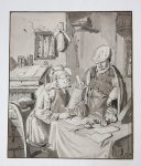Bernardus Schreuder (fl. 1767-1780) after Jan Steen (1626-1679), supervised by Cornelis Ploos van Amstel (1726-1798) - Antique printdrawing | The letter writer/De brievenschrijver, published ca. 1780, 1 p.
