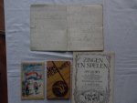 Schaberg, J.P., S. Abramsz & Boy Wolsey. - Vaderlandsche Gezangen der jeugd aangeboden/ Jan Pierewiet/ Zingen en spelen. Speelliedjes voor de kinderkamer, de voorbereidende scholen en de laagste klassen van lagere scholen/ Schriftje met handgeschreven liedteksten en maten. 4 titels.