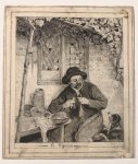 Anonymous. - Pencil Drawing, ca 1900 | Pencil drawing of farmer at lunch with his dog. In the style of Van Ostade, 1 p.