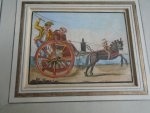Aquarel, etsen, prenten, gravures, steendrukken. - Aquarel, Italiaans.  Rijdende monnik in een sierlijke wagen met achterop de voerman .  Een fijn gekleurd tafereeltje