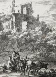 Jan Both (1618/22-1652) - [Antique print, etching] The two cows near the river at Tivoli /Twee koeien bij de rivier Tivoli bij Roma, published ca. 1644-1652.