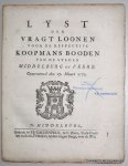 BOGAARD, J.J. & ERMERINS, J., - Lyst der vragt loonen voor de respective koopmans booden van de steden Middelburg en Veere. Gearresteerd den 27. maart 1773.