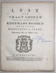 BOGAARD, J.J. & ERMERINS, J., - Lyst der vragt loonen voor de respective koopmans booden van de steden Middelburg en Veere. Gearresteerd den 27. maart 1773.