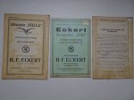 N.n.. - Actien-Gesellschaft H.F. Eckert Berlin-Lichtenberg. 3 catalogues. Drillmaschine "Stella"; Gebrauchsanweisung und Reserveteil-Liste. - Grasmäher "Dixi"; Gebrauchsanweisung und Ersatzteilliste.- Allgemeine Beschreibung und Handhabung.
