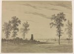 Anonymous. - Drawing, washed drawing, ca 1850 | Washed drawing of figures in a landscape with a mill and a tower.