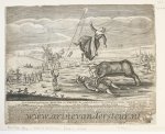  - [Antique print, engraving, satirical print] The cruelty of the bull / De Wreedheid van de stier, 1647, published 18th century.