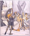 Piet van der Hem - Spotprent over Duitse muzikanten die hun instrumenten bespelen