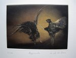 BURE de - Approche (Combat de Coqs). Original coloured etching.