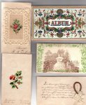  - Album amicorum, mainly Monnikendam, Dutch, 1851-1859, containing 8 contributions, (5 (floral) embroideries, 1 "prikkunst", 2 manuscript (1 with mounted lock of braided hair)), loose in original richly gilt and coloured decorated board box, gil...