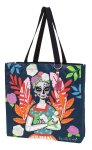  - Grote katoenen tas Santa Muerte â€“ stijlvolle blauwe shopper met skeletdesign