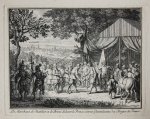 Bernard Picart (1673-1733) - Antique print, etching | Frederik Hendrik greeted by de Chatillon during the siege of Maastricht in 1632, published 1733, 1 p.