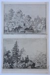 Allard van Everdingen (1621-1675) - [Antique prints, etchings] The Cudgel Dam and the Covered bridge; two men on the hill, published 1631-1657, 2 pp.