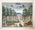 Jan Caspar Philips (1680/1700-1775), after Gerrit van Giessen (1692/3-ca. 1750) - [Antique print, handcolored etching] 't KLEIN of STUKKEN BOTER HUIS / Boterhuis Grote Markt Den Haag, published ca. 1735.