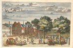  - [Antique print, handcolored etching] Het Voorhout van de Kneuterdyk verby de Klooster-Kerk (Lange Voorhout Kneuterdijk), published 1711.