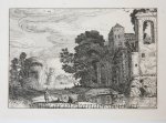Jan van de Velde II (1593-1641); Claes Jansz. Visscher (II) (1586-1652); Pieter Schenck II (1660-1713) - Antique print, etching | Figures by a castle lying by a river, published before 1713, 1 p.