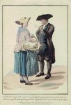 MAASKAMP, E. - Handgekleurde stippel-gravure uit: Afbeeldingen van kleeding, zeden en gewoonten - No. 13 - Noe, Jekemine, als ji joe beuter en eijers te mert gebrogt hebt, zullen wi te geeren Annetieliesses mert gaen houen. / Allons, Jacquette, quand tu aura...