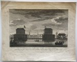 Wagenaar, Jan  Verstegen, J. - Afbeelding van de twee Blokhuizen Gebouwd in den jaare 1650, zo als ze zich vertoonden, van den Buiten-Amstel naar de Stad te zien. Originele kopergravure