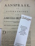  - Aanspraak of aanmaaninge aan Amstels Burgery tot voldoeninge van de thans
