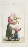 Mare, Pieter de (1757-1796) after Chalon, Christina (1748-1808) - Handgekleurde ets/Handcolored etching: Standing woman holding a child in her arms and one on the ground [plate 24 from "Zinspelende gedigjes, op de geestige printjes ge-etst door Pieter de Mare...", 1793] (Staande vrouw houdt kind in haar arme...