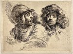 Stefano della Bella (1610-1664) - Antique print, Della Bella, after Rembrandt | Startled soldier and self-portrait of Rembrandt) [Geschrokken soldaat en zelfportret], published 1652, 1 p.
