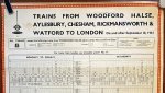 BRITISH RAIL - Trains from Woodford Halse, Aylesbury, Chesham, Rickmansworth & Watford to London. On and after September 10, 1951. Large British Rail Station Timetable Poster.