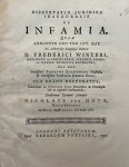 Hove, Nicolaus ten, uit 's-Gravenhage. - Dissertation legal 1750 | Dissertatio juridica inauguralis de infamia [...] Leiden Gerard Potvliet 1750.
