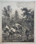 Visscher, Johannes de (1633-1692) after Berchem, Nicolaes (1622-1683) - [Antique print, etching] Herd, dog and three cows crossing a ford/ Kudde schapen, hond en drie koeien die een doorwaadbare plaats oversteken, ca 1650-1700.