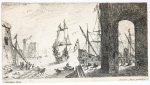 Pierre Drevet (1663-1738), after Reinier Zeeman (1623/24-1664) - [Antique print, etching] Harbour scene with a Lage Arch on the Quay (Haven bij de kade), published before 1738.