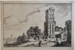 Jan van de Velde II (1593-1641) - Antique print, etching I Dilapidated church-tower surrounded by houses, published 1616, 1 p.