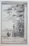 in the style of or Isaac de Moucheron (1667-1744) - [Antique drawing, mixed media] View on a terrace with a statue and trees (Tekening van terras met standbeeld en bomen), ca. 1740.