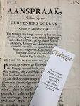  - Aanspraak, Gedaan op den Cloveniers Doelen. Op den 15 Augustus 1748. Ter verdere aandrang, omme op het tot deez gehoude voetspoor te vervolgen (...)