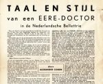 (VRIESLAND, Victor van). COHEN, Alexander - Taal en stijl van een Eere-doctor in de Nederlandsche Bellettrie.
