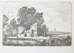 Jan van de Velde II (1593-1641); Claes Jansz. Visscher (II) (1586-1652); Pieter Schenck II (1660-1713) - [Antique etching, ets, landscape print] J. v.d. Velde II, House near a stone bridge in a river landscape, published before 1713.
