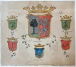 TERSCHELLING - [Heraldic drawing, aquarel, ca. 1900] Geaquarelleerde tekening met kleur van de zes familiewapens in het Polderhuis te Midsland op Terschelling, met vermelding van de “bijna onleesbare teksten” in de randen, ca. 1900, 27x31 cm.