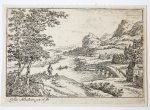 Almeloveen, Jan van (ca. 1652-1683) - [Original etching/ets] River landscape with stone bridge on the right. [Set of 4: Various Landscapes].Rivierlandschap met stenen brug.
