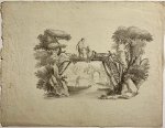  - Antique drawing, watercolour, ca 1780 I Duck hunters and a little bridge (Het bruggetje), 1 p.