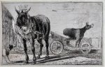 Jan van den Hecke I (1619/20-1684) - Antique print, etching I The two donkeys (twee ezels), published 1656, 1 p.