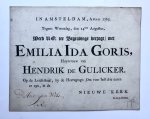 [Funeral card, 1763] - [Printed publication, funeral, 1763] Invitation for the funeral of Emilia Ida Goris, housewife of Hendrik de Gulicker, Nieuwe Kerk Amsterdam 24-8-1763. 4° oblong, 1 p., printed publication.