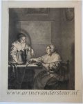 Christiaan Josi (1768-1828) after Pieter Cornelis van Slingelandt (1640-1691) - [Handcolored printdrawing] A lady and her maid in an interior/Vrouw met dienstmeisje in kamer, 1821.