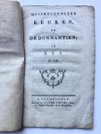  - RIJP, DE, KEUREN 1795 -- Huishoudelyke (huishoudenlijke) keuren en ordonnantien te Ryp, anno 1798, Purmerend. J. Postma, [1798]. 8°, gedrukt boekje met sierpapier omslag, 50 pag.