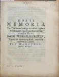 '--- - [Pamphlet 1671?] Korte memorie tot onderrechtinge van den tegenwoordigen toe-stant der saecke van den heer Jacob Wermelskercken, wegens sijn minderjarige kindt c.s., q.q. contra Jan Mamuchet tot Utrecht. z. pl., [1671].