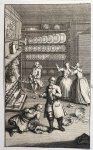 [Luyken, Jan]? - [Antique etching, gastronomy] View of a kitchen with cooking oven and a sick person on the floor, published around 1687, 1 p.