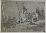Johannes Huibert Prins (1757-1806) (?) - Antique drawing | View on houses and a church beyond a dune, ca. 1790, 1 p.